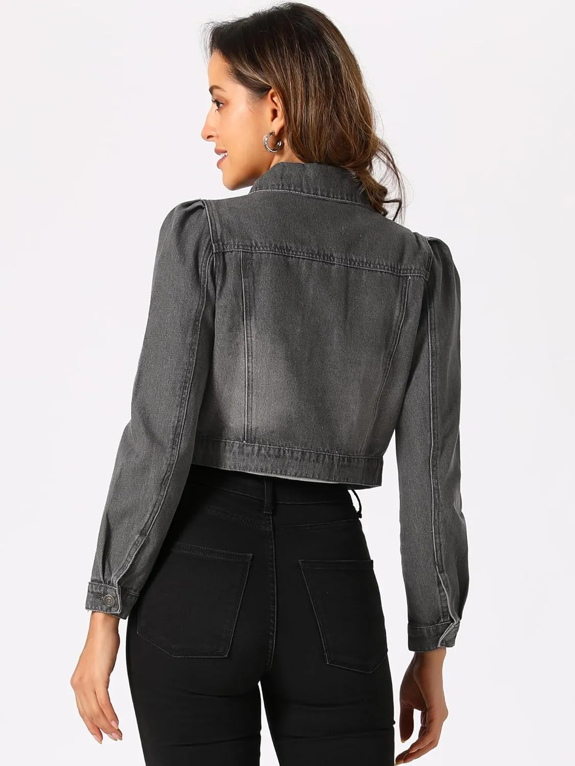 Allegra K Women's Jean Jackets Puff Sleeve Button Up Cropped Denim Jacket
