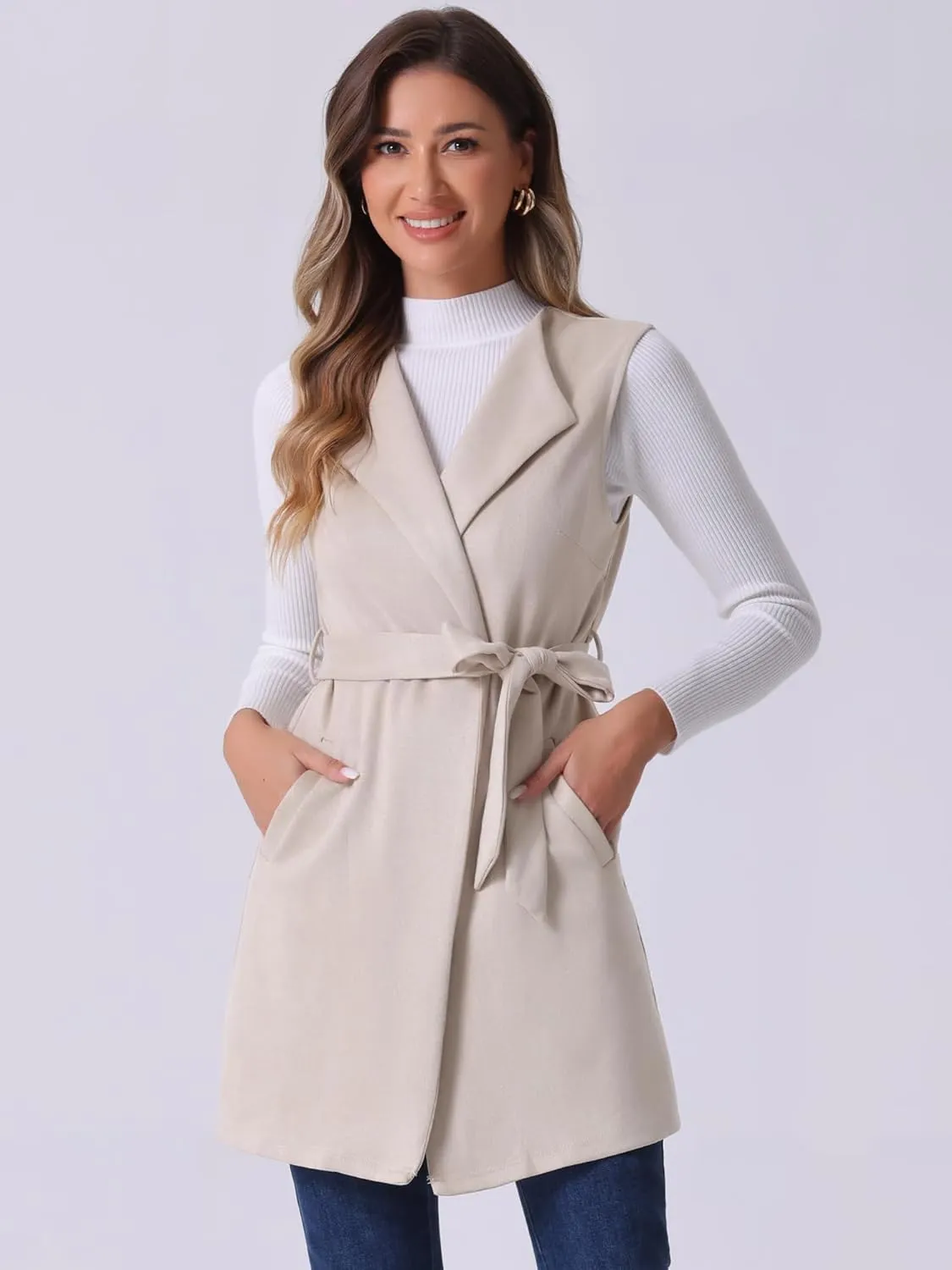 Allegra K Women's Long Sleeveless Jackets Open Front Suede Cardigan Vest