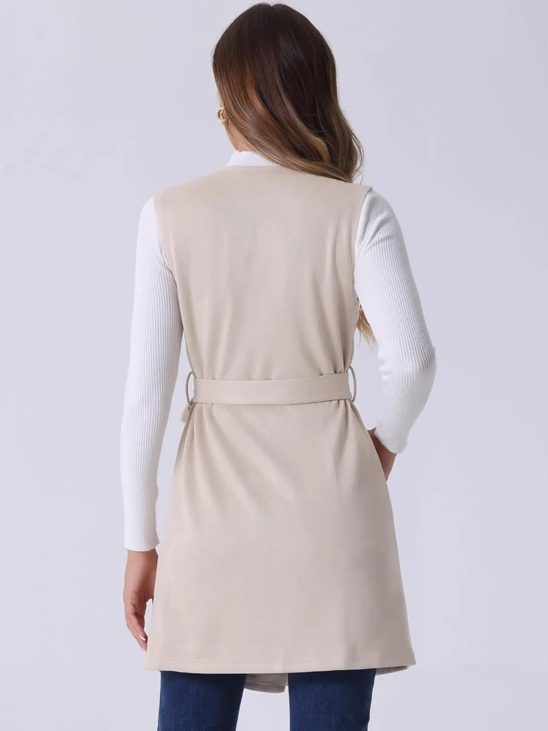 Allegra K Women's Long Sleeveless Jackets Open Front Suede Cardigan Vest