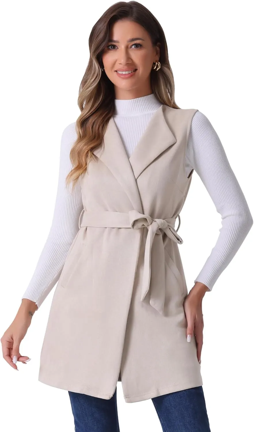 Allegra K Women's Long Sleeveless Jackets Open Front Suede Cardigan Vest