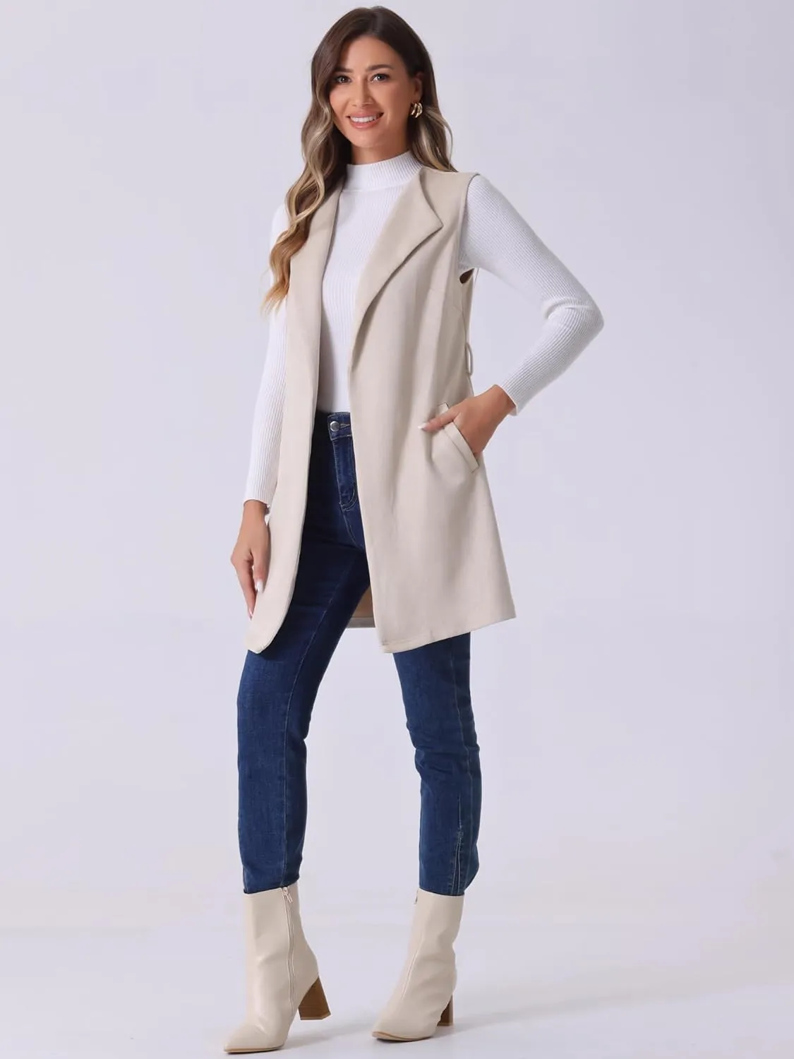 Allegra K Women's Long Sleeveless Jackets Open Front Suede Cardigan Vest