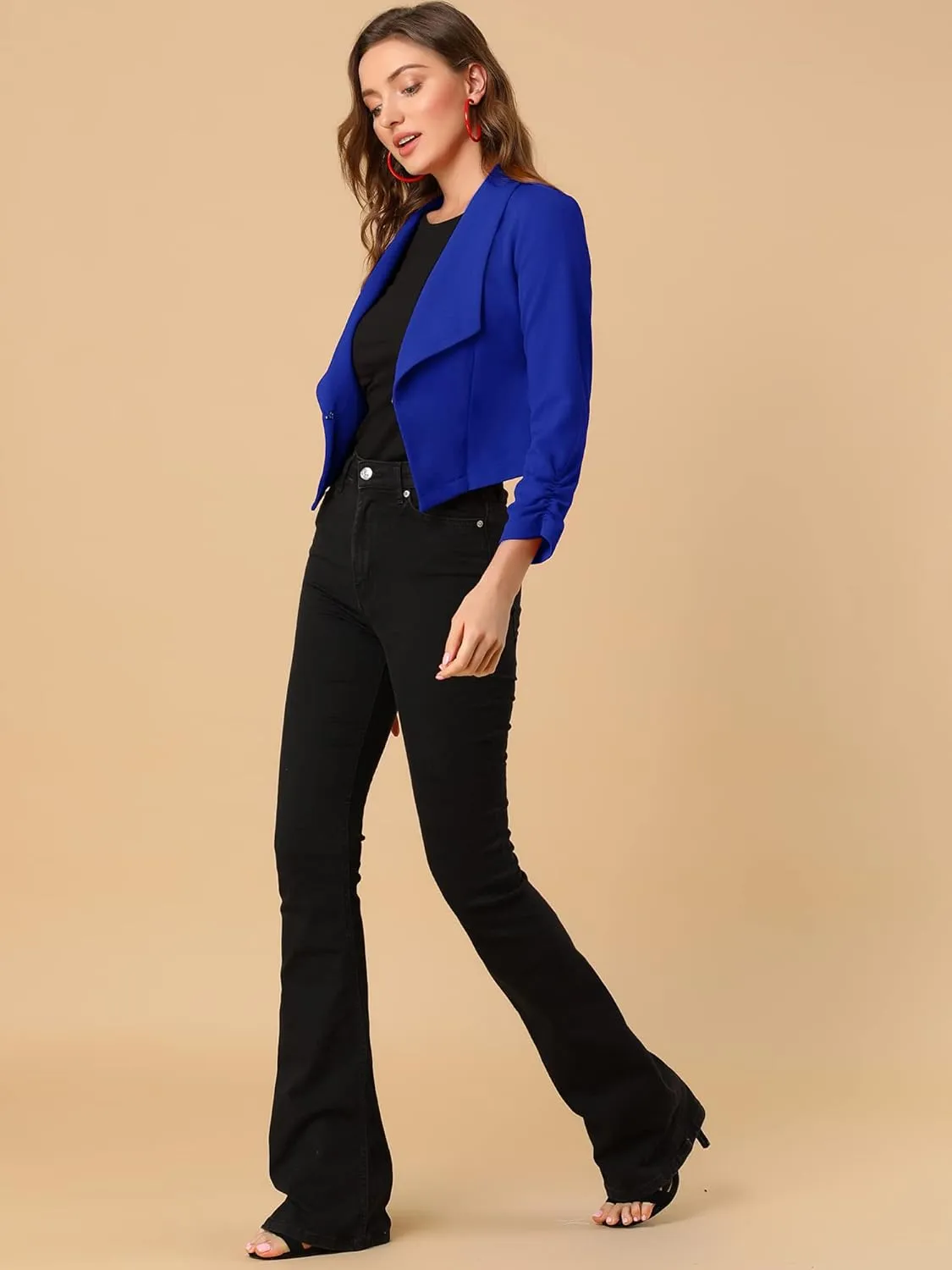 Allegra K Women's Notched Lapel Ruched Sleeve Jackets Business Cropped Blazer