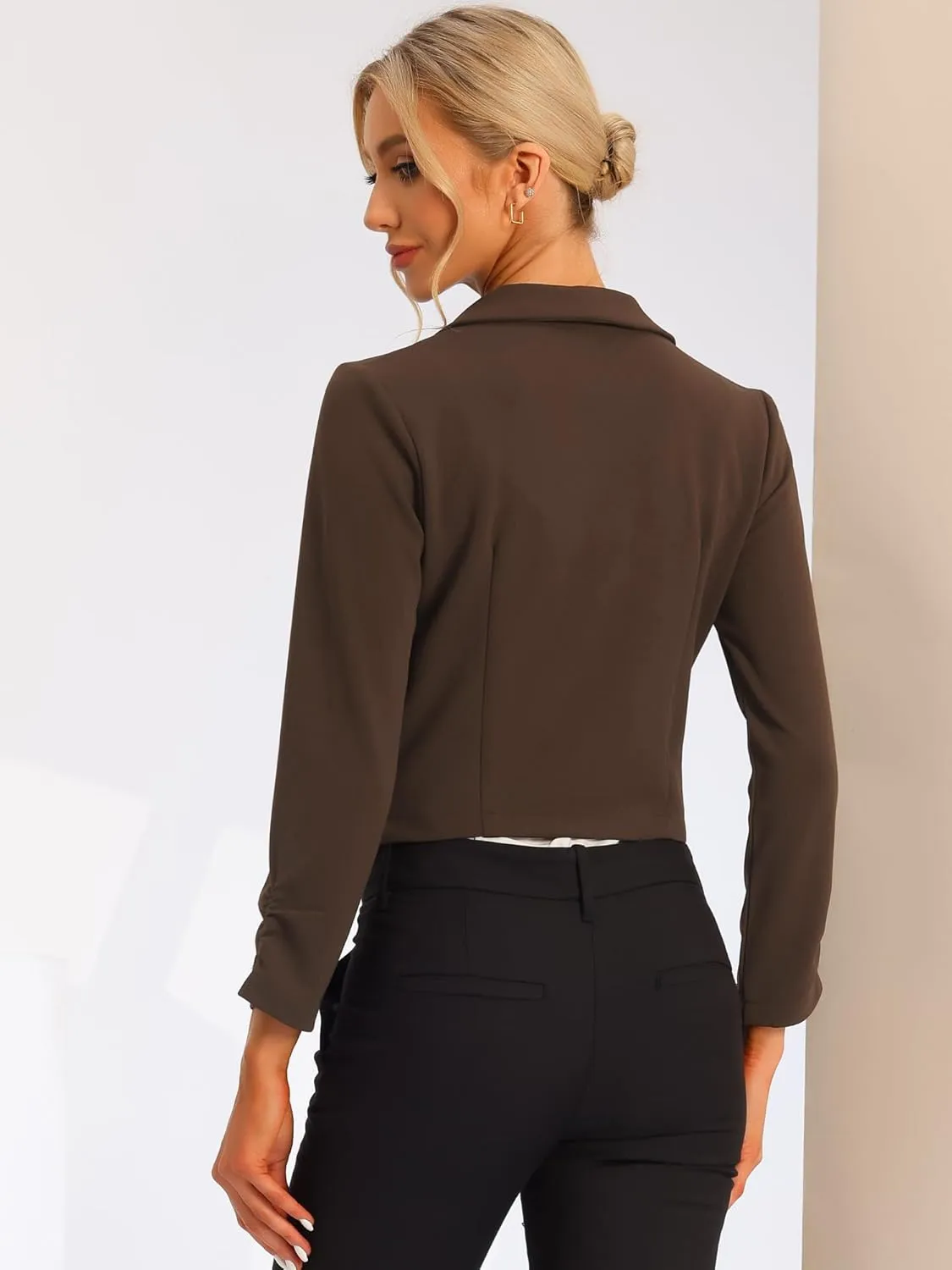 Allegra K Women's Notched Lapel Ruched Sleeve Jackets Business Cropped Blazer