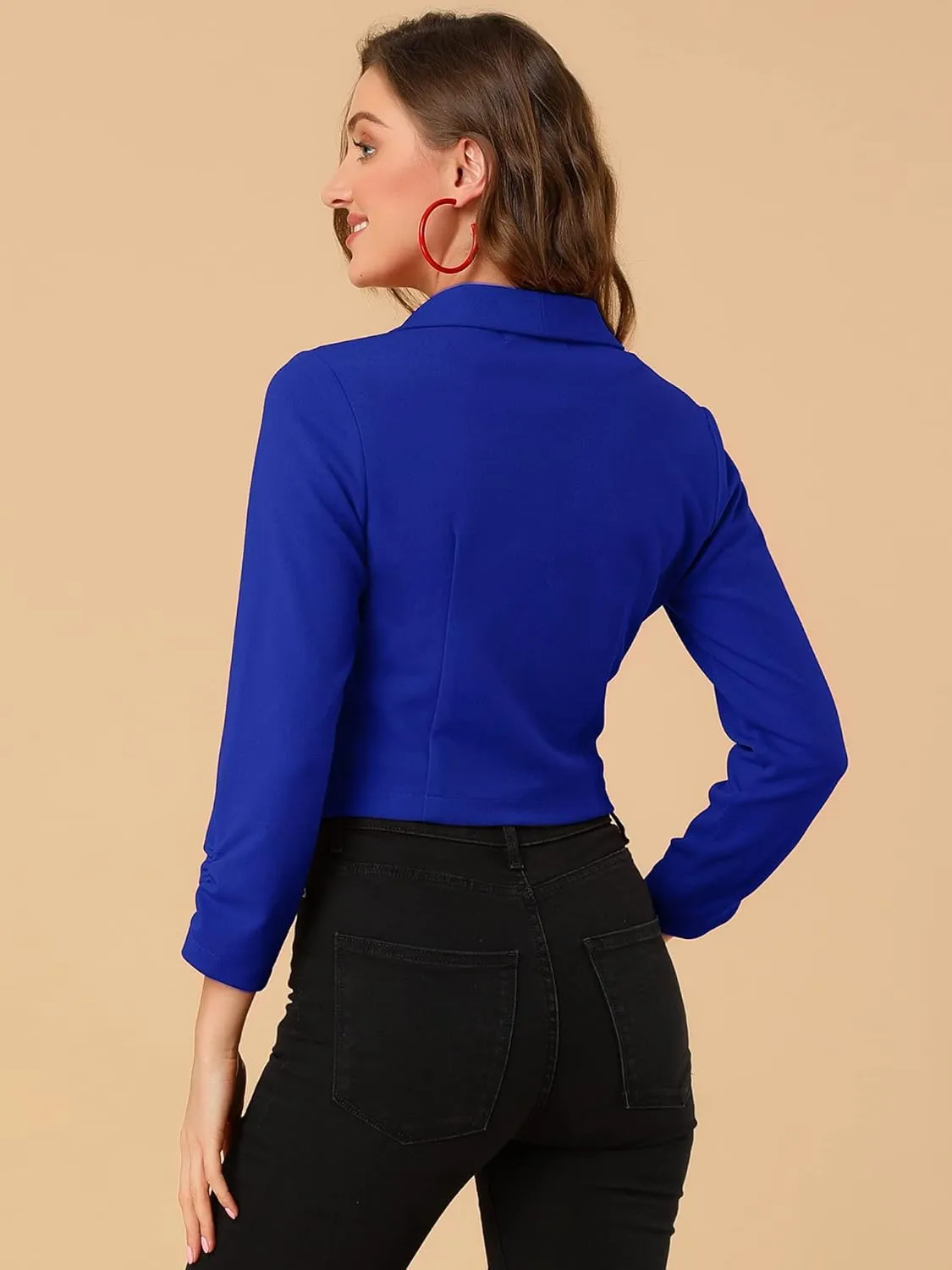 Allegra K Women's Notched Lapel Ruched Sleeve Jackets Business Cropped Blazer