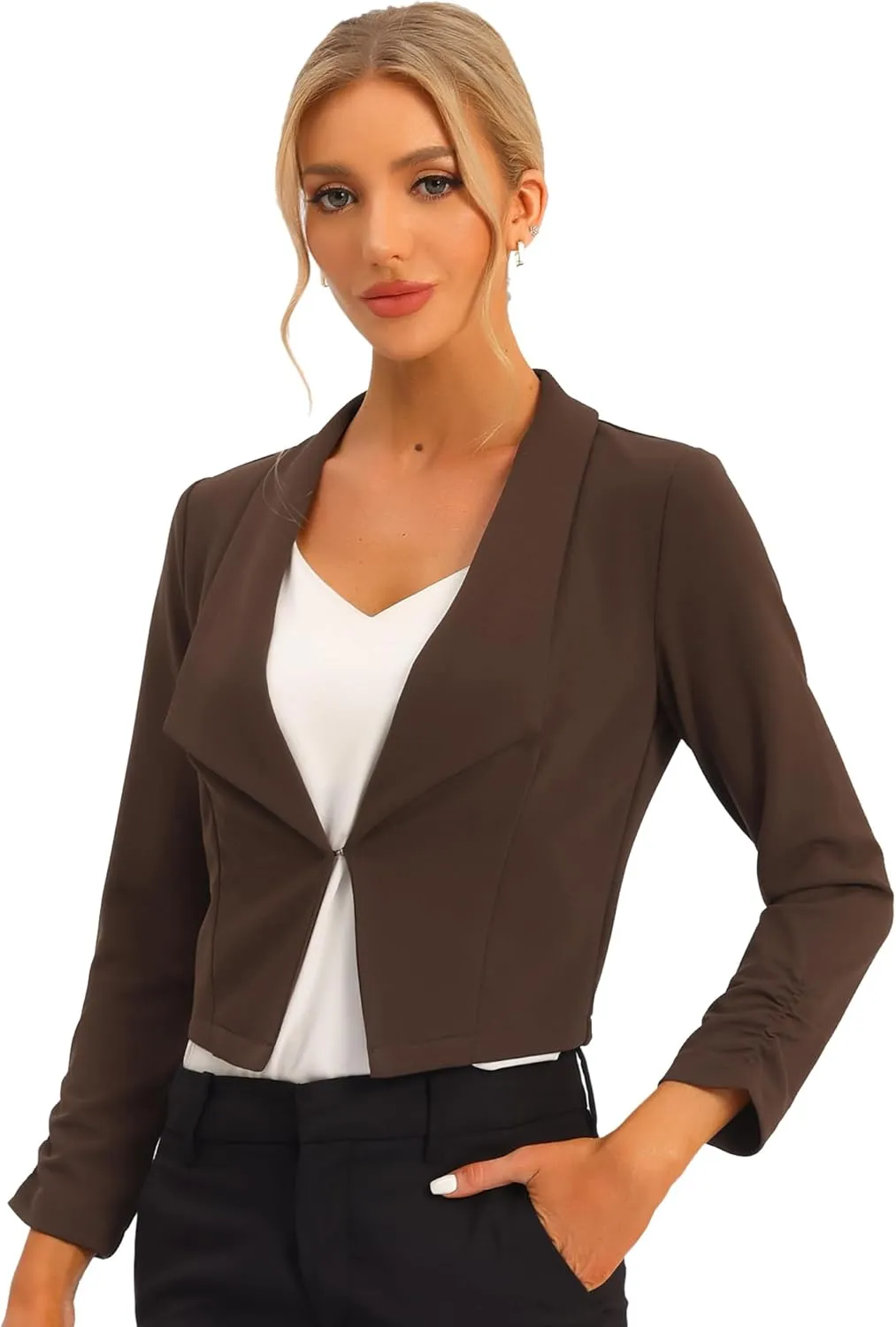 Allegra K Women's Notched Lapel Ruched Sleeve Jackets Business Cropped Blazer