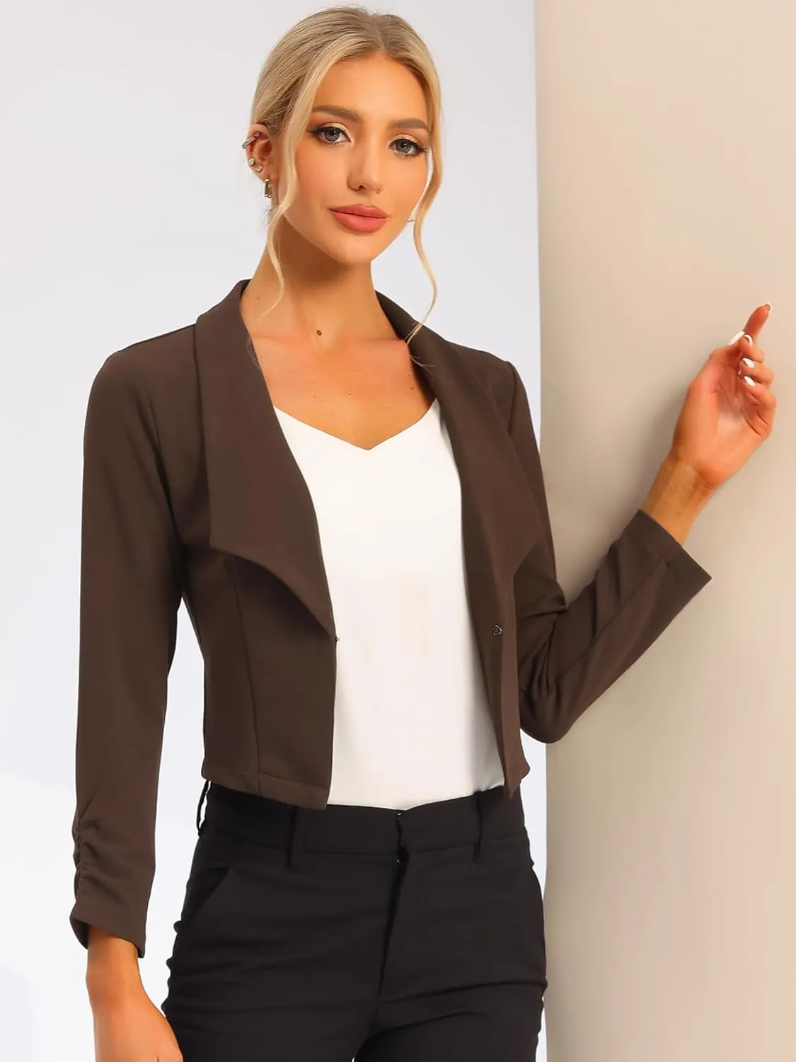 Allegra K Women's Notched Lapel Ruched Sleeve Jackets Business Cropped Blazer
