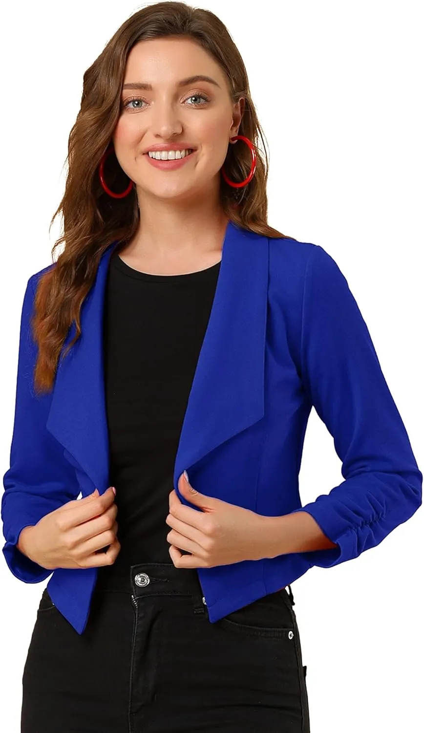 Allegra K Women's Notched Lapel Ruched Sleeve Jackets Business Cropped Blazer