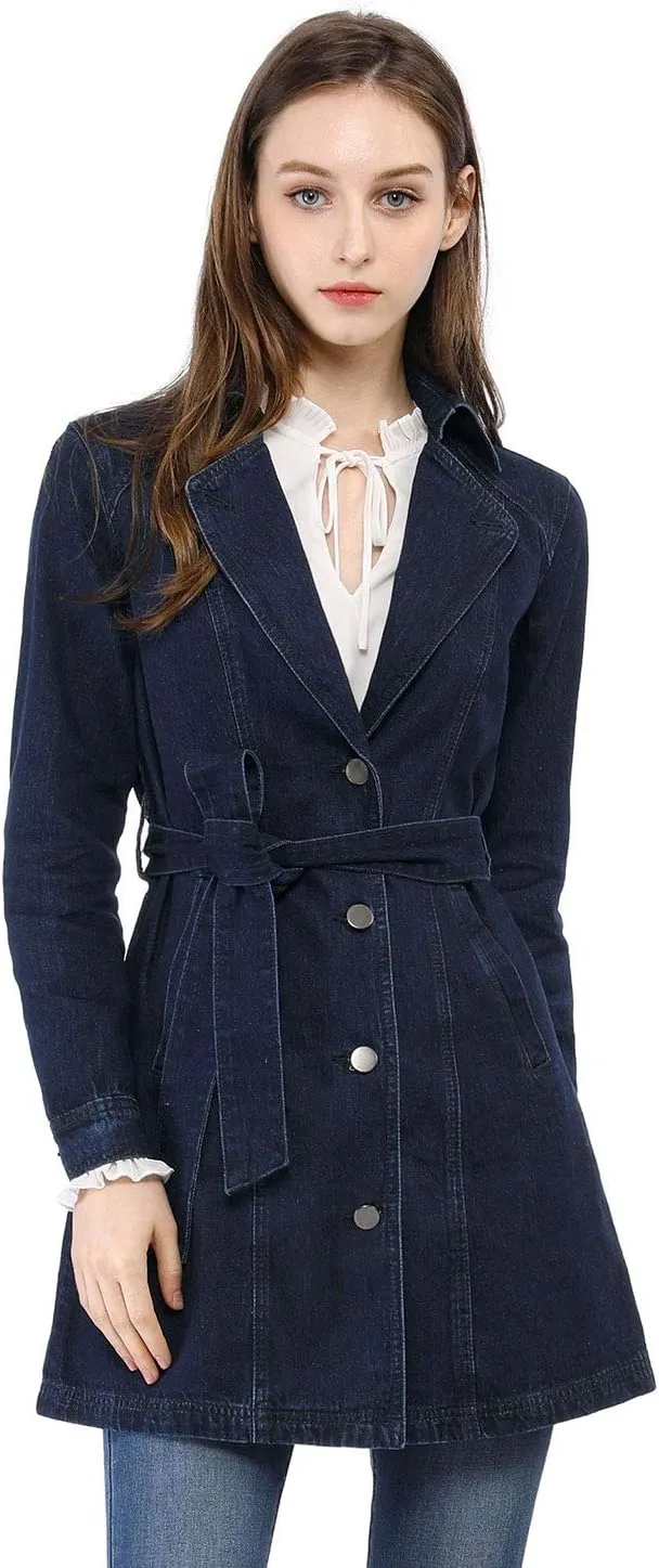 Allegra K Women's Trench Jean Jackets Notched Lapel Midi Denim Jacket