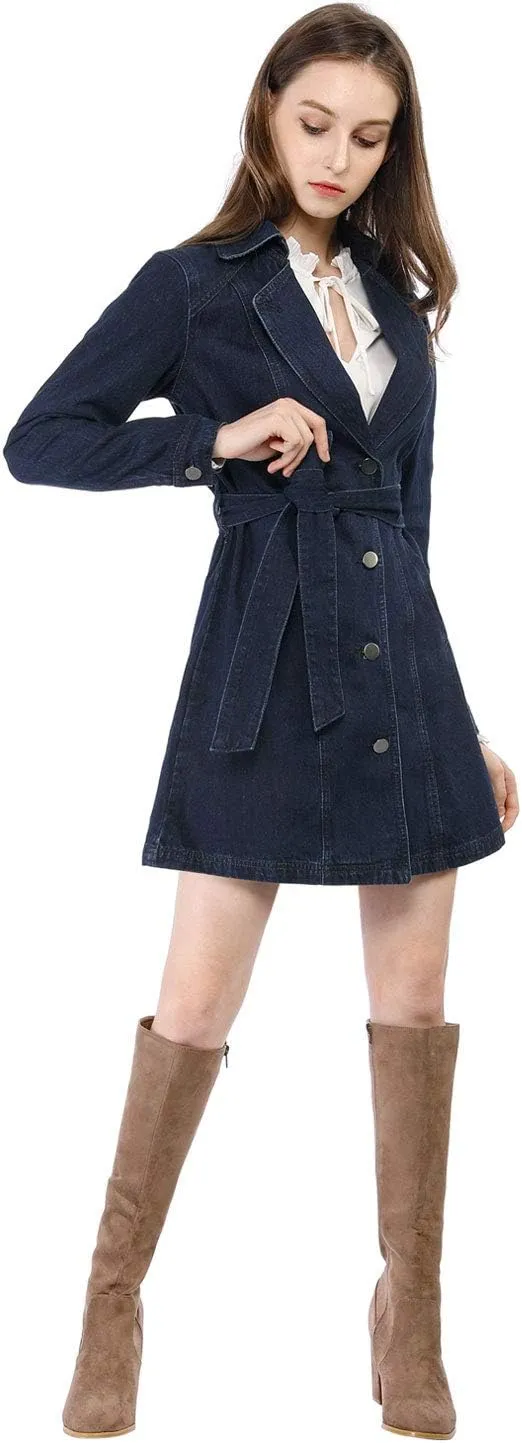 Allegra K Women's Trench Jean Jackets Notched Lapel Midi Denim Jacket