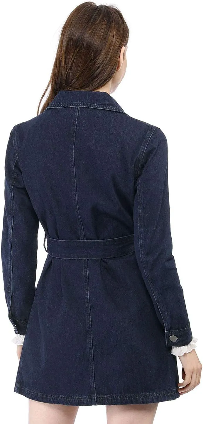 Allegra K Women's Trench Jean Jackets Notched Lapel Midi Denim Jacket