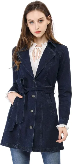 Allegra K Women's Trench Jean Jackets Notched Lapel Midi Denim Jacket