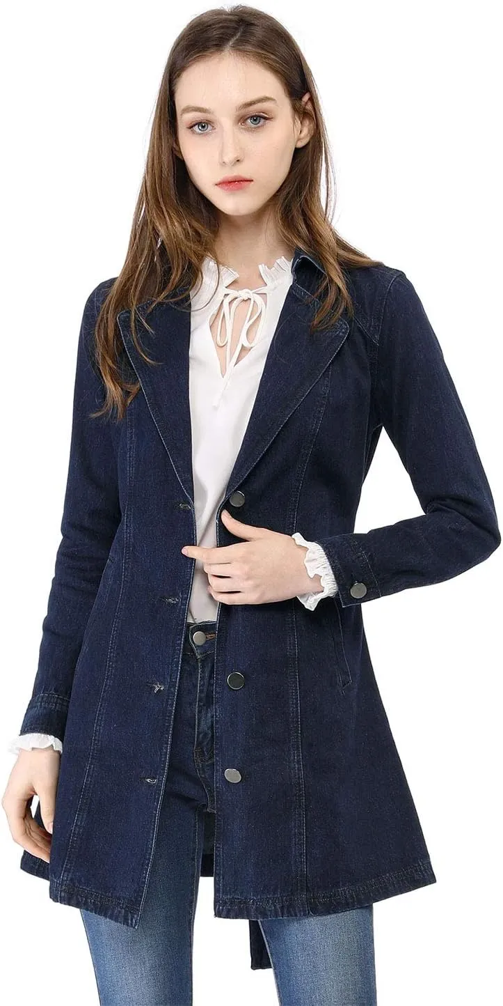 Allegra K Women's Trench Jean Jackets Notched Lapel Midi Denim Jacket
