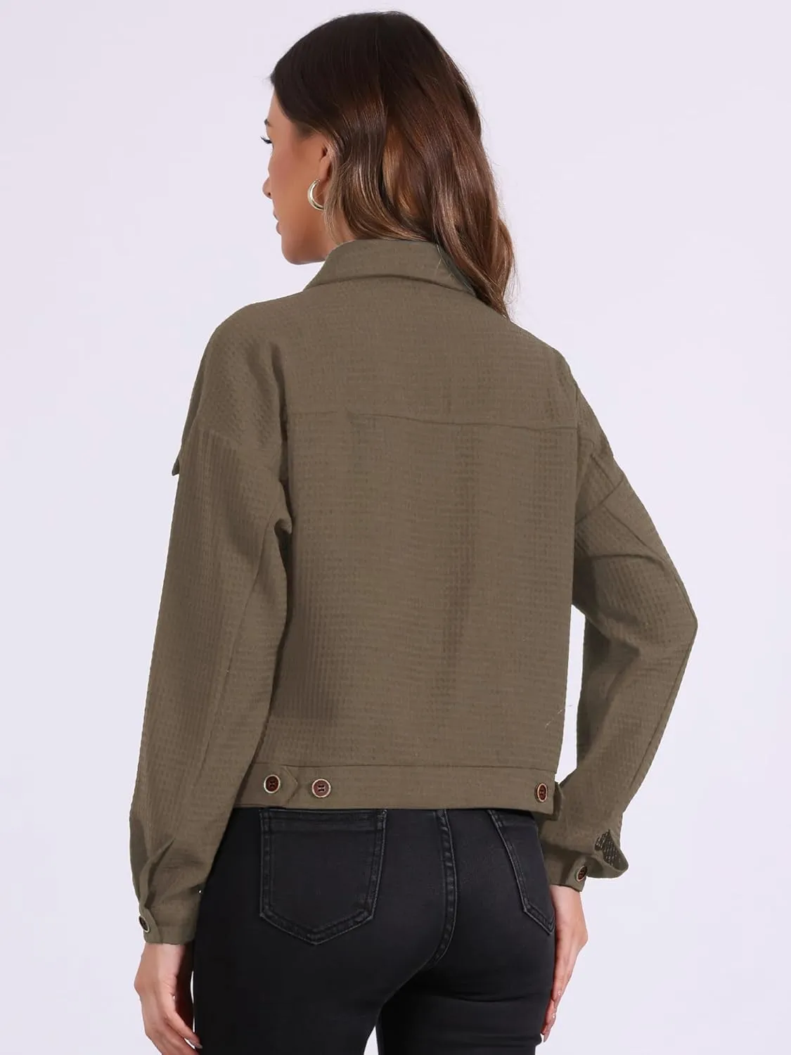 Allegra K Women's Waffle Shacket Jacket Drop Shoulder Pockets Collared Shirt Jackets