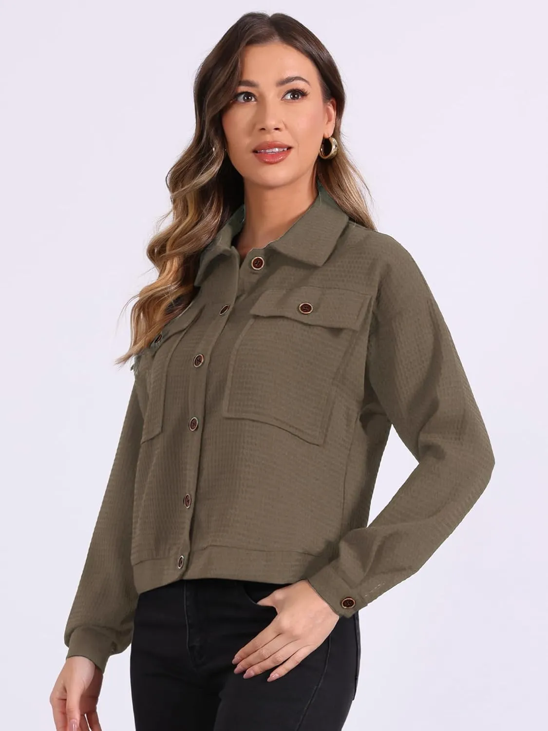Allegra K Women's Waffle Shacket Jacket Drop Shoulder Pockets Collared Shirt Jackets
