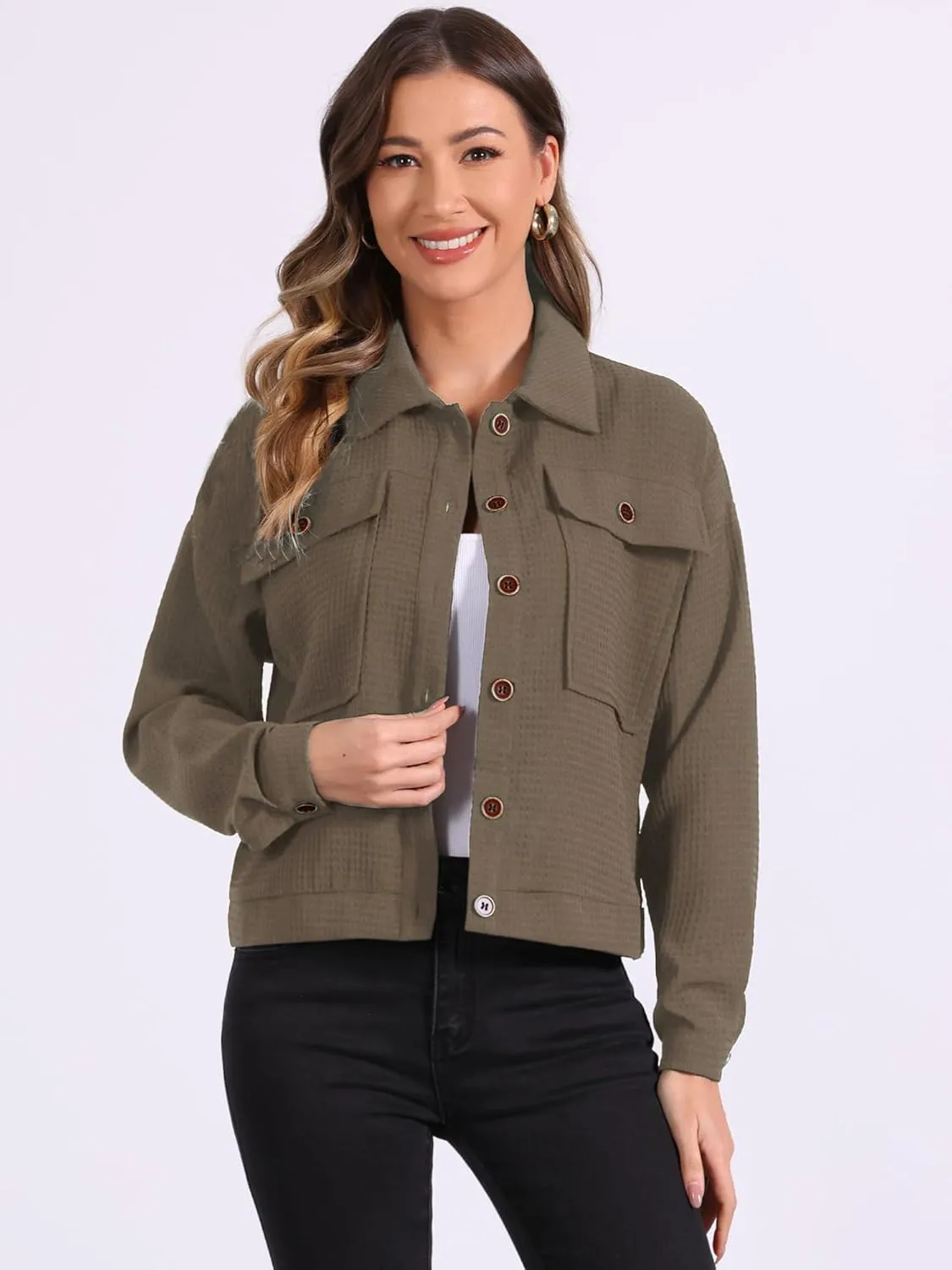 Allegra K Women's Waffle Shacket Jacket Drop Shoulder Pockets Collared Shirt Jackets