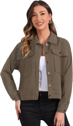 Allegra K Women's Waffle Shacket Jacket Drop Shoulder Pockets Collared Shirt Jackets