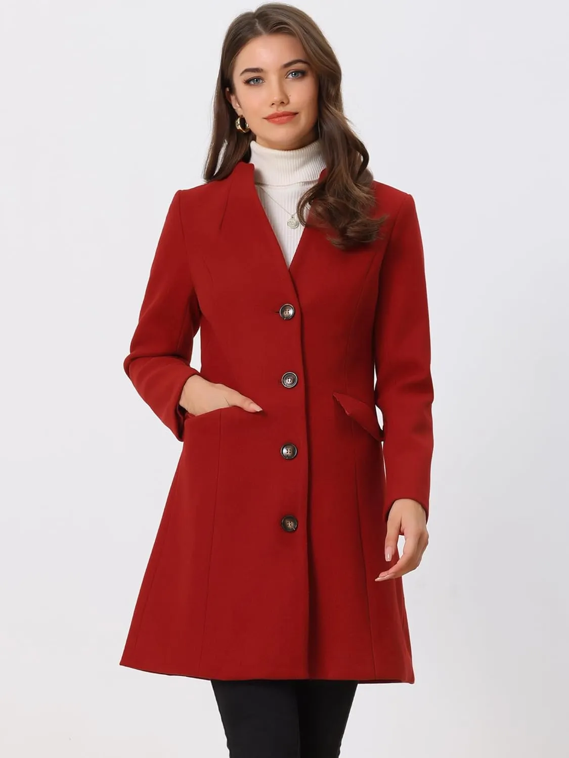 Allegra K Women's Winter Overcoat Pea Coat Elegant V Neck Single Breasted Coat Outerwear