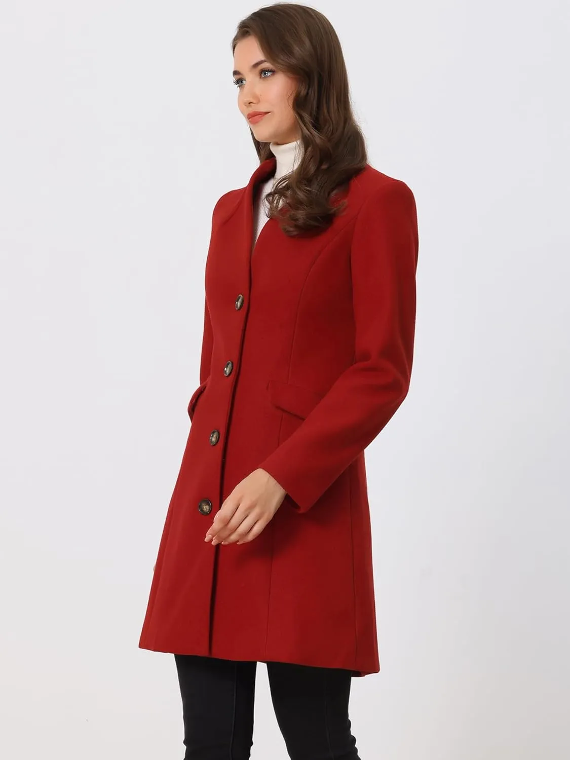 Allegra K Women's Winter Overcoat Pea Coat Elegant V Neck Single Breasted Coat Outerwear
