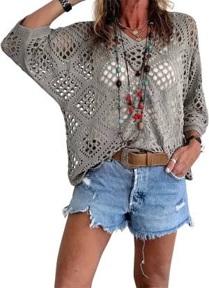 Allimy Womens Summer Crochet Long Sleeve Sexy Tops Sweaters for Women 2025 Beach Cover ups Cruise Outfits