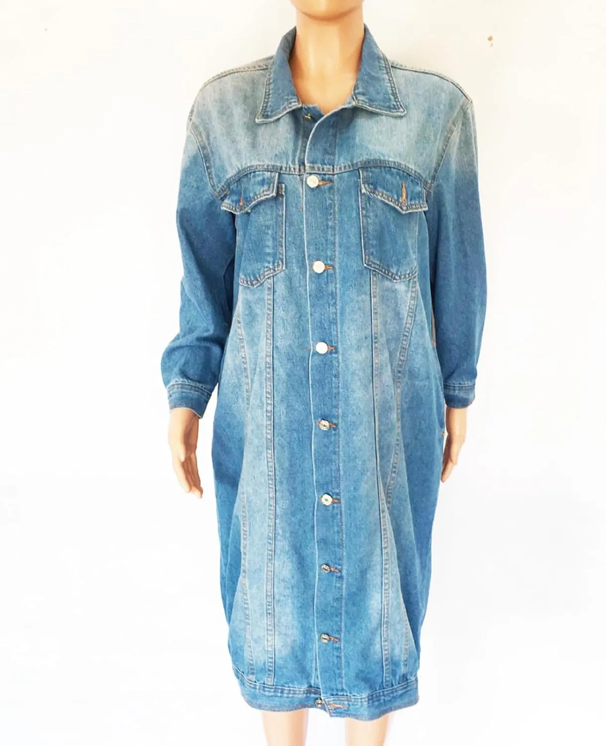 ALSOGO Womens Long Sleeve Denim Trench Coat Button Down Jean Jacket Casual Slim Washed Long Outercoat