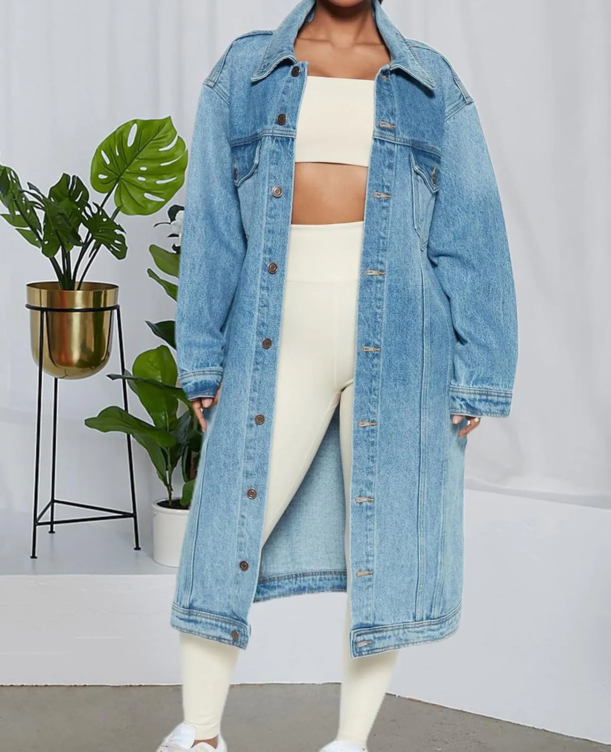 ALSOGO Womens Long Sleeve Denim Trench Coat Button Down Jean Jacket Casual Slim Washed Long Outercoat