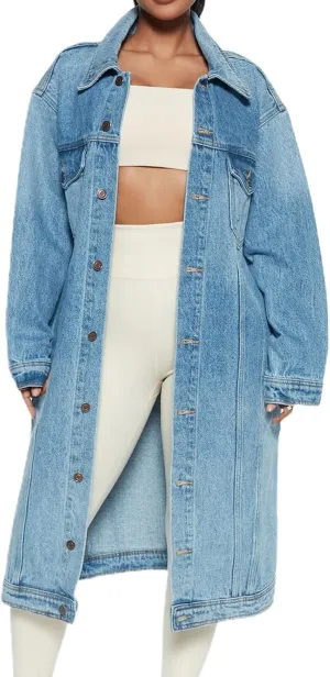 ALSOGO Womens Long Sleeve Denim Trench Coat Button Down Jean Jacket Casual Slim Washed Long Outercoat
