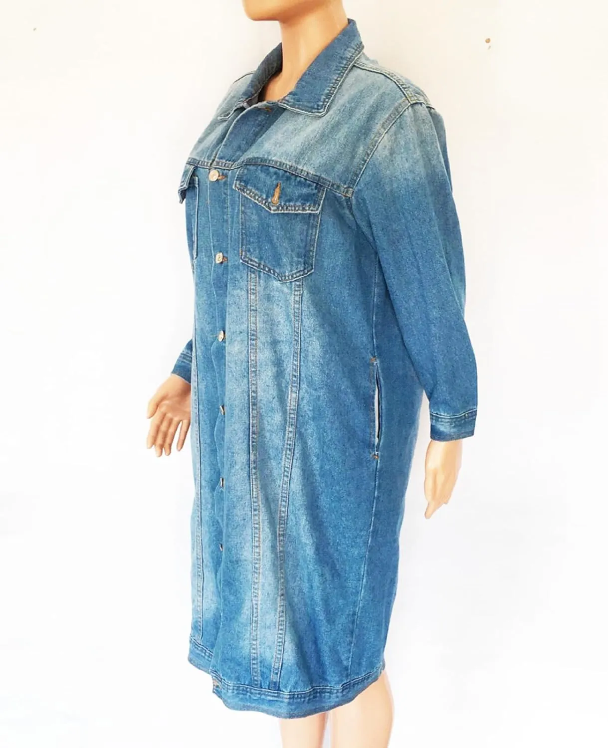 ALSOGO Womens Long Sleeve Denim Trench Coat Button Down Jean Jacket Casual Slim Washed Long Outercoat