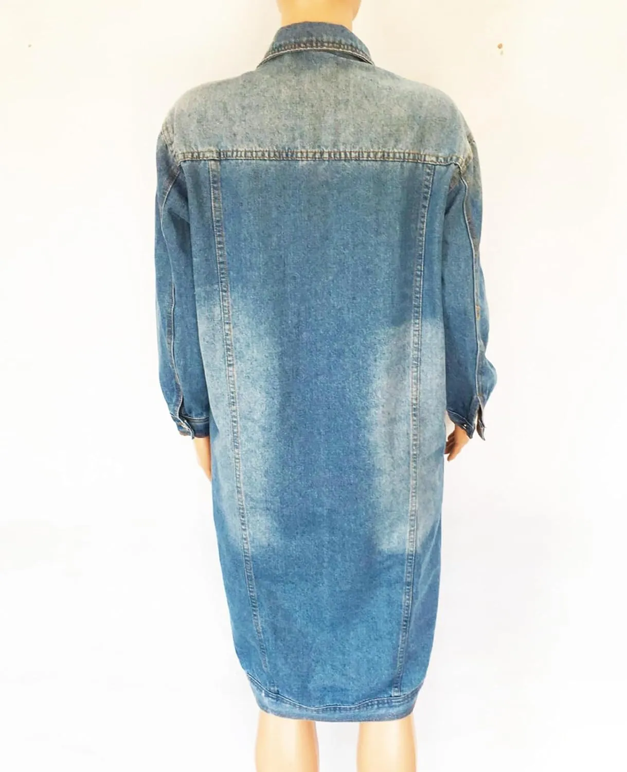 ALSOGO Womens Long Sleeve Denim Trench Coat Button Down Jean Jacket Casual Slim Washed Long Outercoat