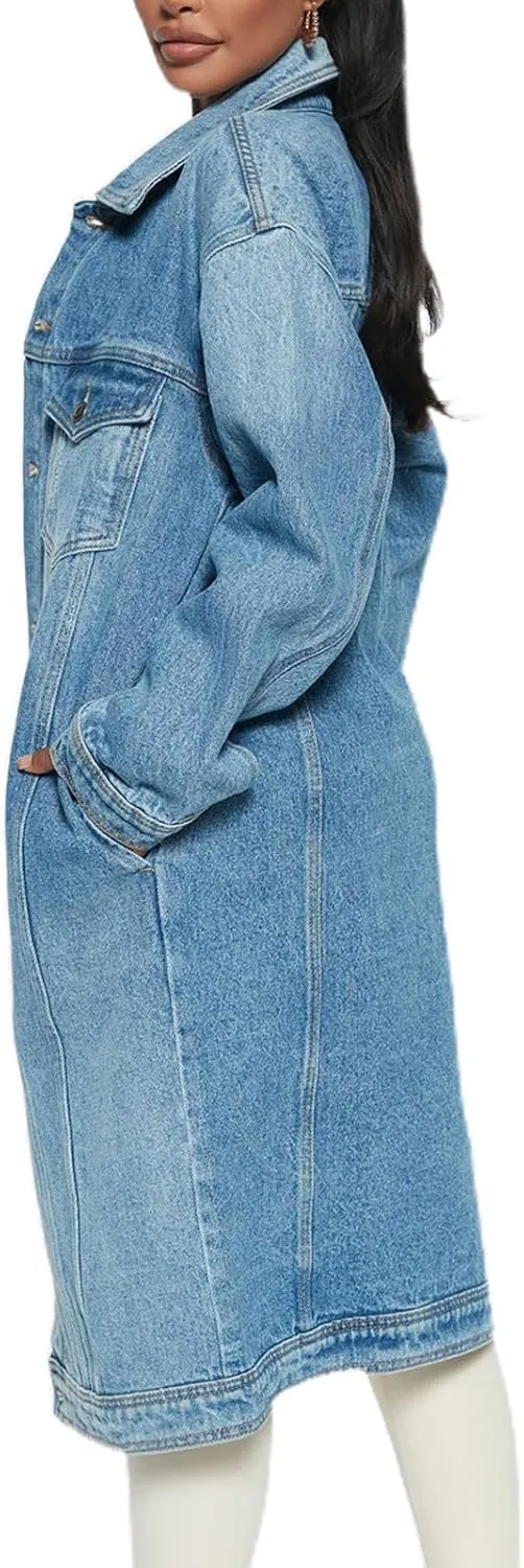 ALSOGO Womens Long Sleeve Denim Trench Coat Button Down Jean Jacket Casual Slim Washed Long Outercoat