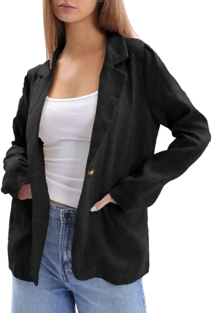 Amazhiyu Womens 100% Linen Notched Button Blazer Jackets Long Sleeve Coat Office
