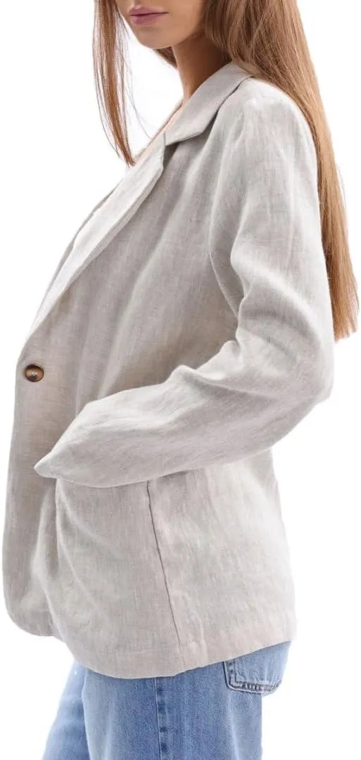 Amazhiyu Womens 100% Linen Notched Button Blazer Jackets Long Sleeve Coat Office