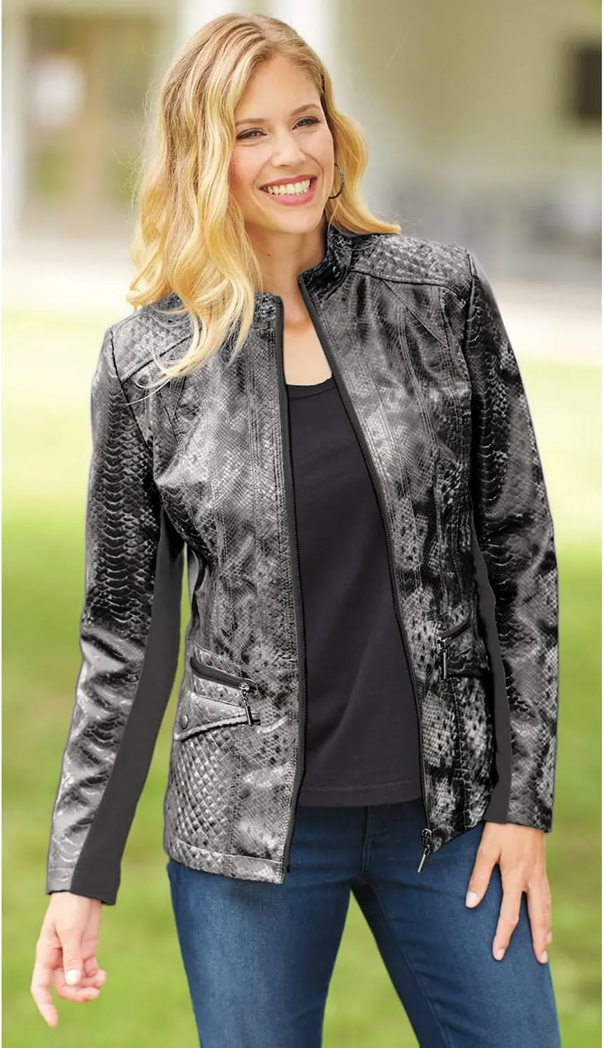 AmeriMark Women's Faux Leather Jacket - Quilted Shoulders & Pockets, Knit Side Insets, Zippered Pockets, Machine Washable