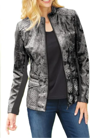 AmeriMark Women's Faux Leather Jacket - Quilted Shoulders & Pockets, Knit Side Insets, Zippered Pockets, Machine Washable