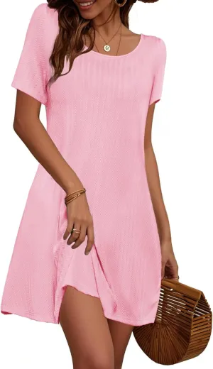 Anbech Women Causal Summer Dresses 2025 Loose Short Sleeve Mini Dress Lightweight A Line Cover Up with Pockets