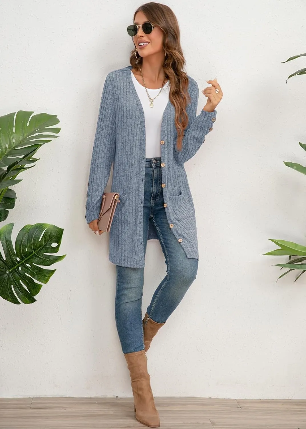 Askyes Womens Cardigan Sweater Long Sleeve Lightweight Open Front Button Closure Fall Cardigans for Women Casual with Pockets