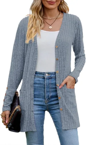 Askyes Womens Cardigan Sweater Long Sleeve Lightweight Open Front Button Closure Fall Cardigans for Women Casual with Pockets