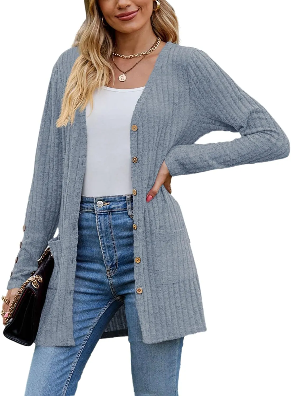 Askyes Womens Cardigan Sweater Long Sleeve Lightweight Open Front Button Closure Fall Cardigans for Women Casual with Pockets