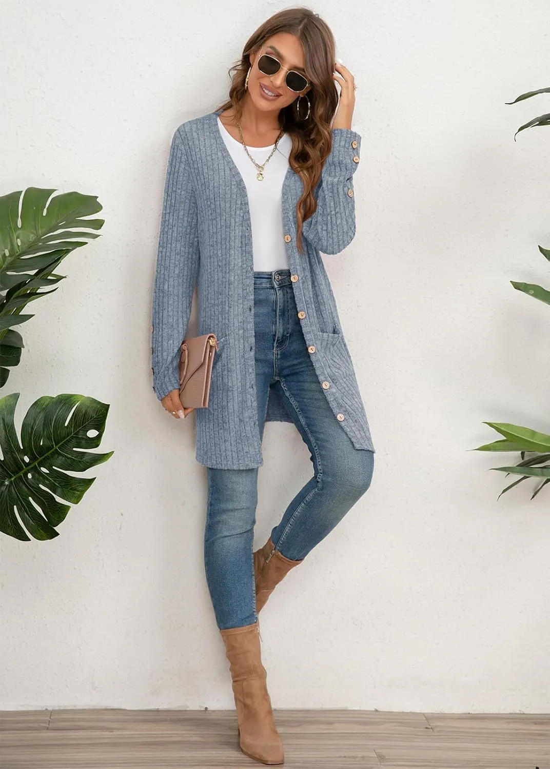 Askyes Womens Cardigan Sweater Long Sleeve Lightweight Open Front Button Closure Fall Cardigans for Women Casual with Pockets