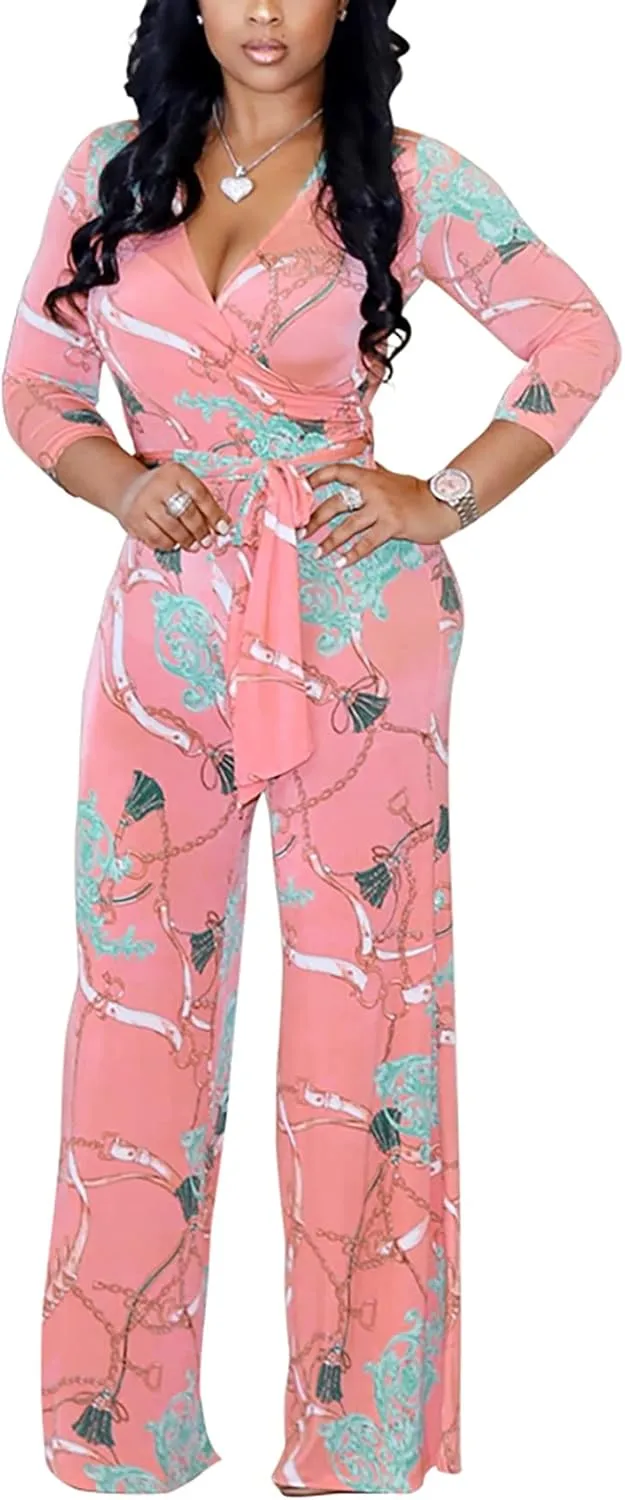 BOGURST Jumpsuits for Women Elegant Print High Waist Sexy V Neck Wide Leg Long Jumpsuit with Belt