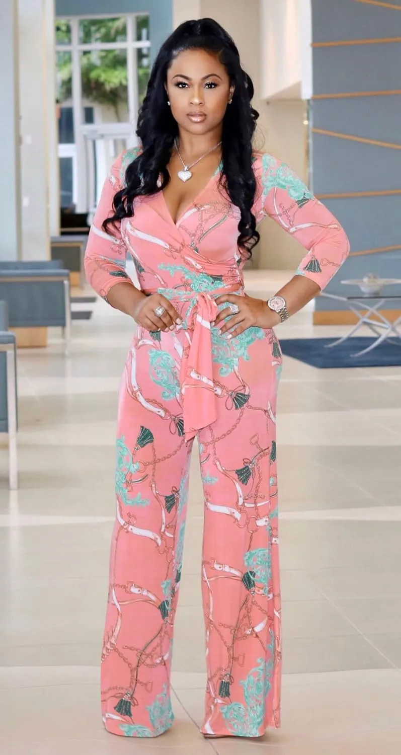 BOGURST Jumpsuits for Women Elegant Print High Waist Sexy V Neck Wide Leg Long Jumpsuit with Belt