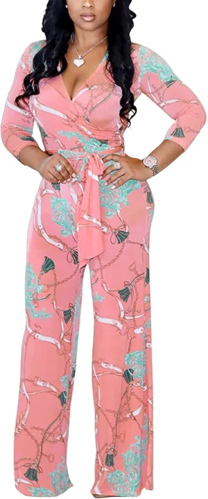 BOGURST Jumpsuits for Women Elegant Print High Waist Sexy V Neck Wide Leg Long Jumpsuit with Belt