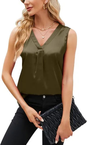 Bozanly Women's Sleeveless Silk Satin Tank Tops V Neck Solid Lightweight Soft Camisole