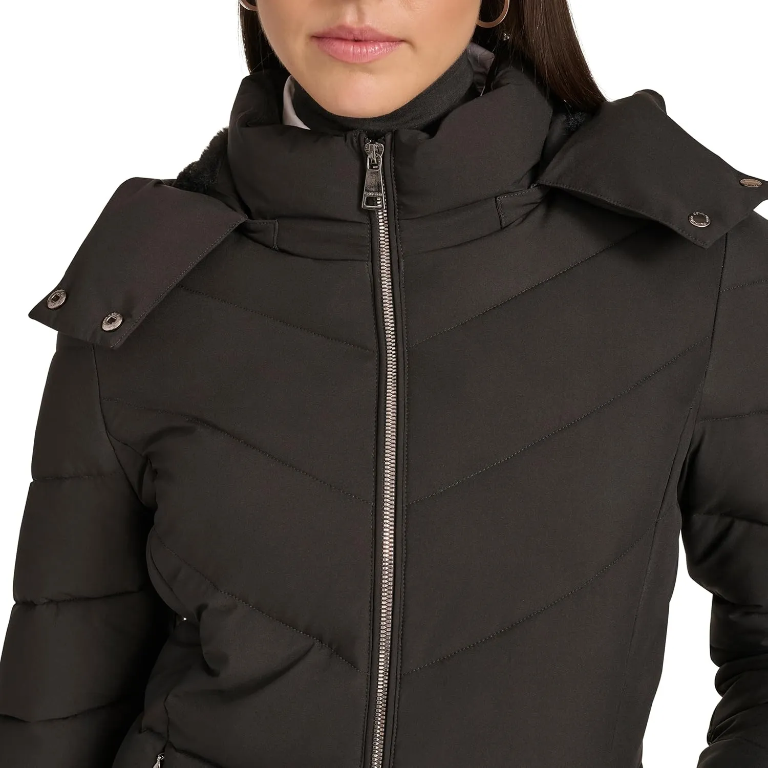 Calvin Klein Women's Hooded Zip Front Puffer Long Sleeve Coat