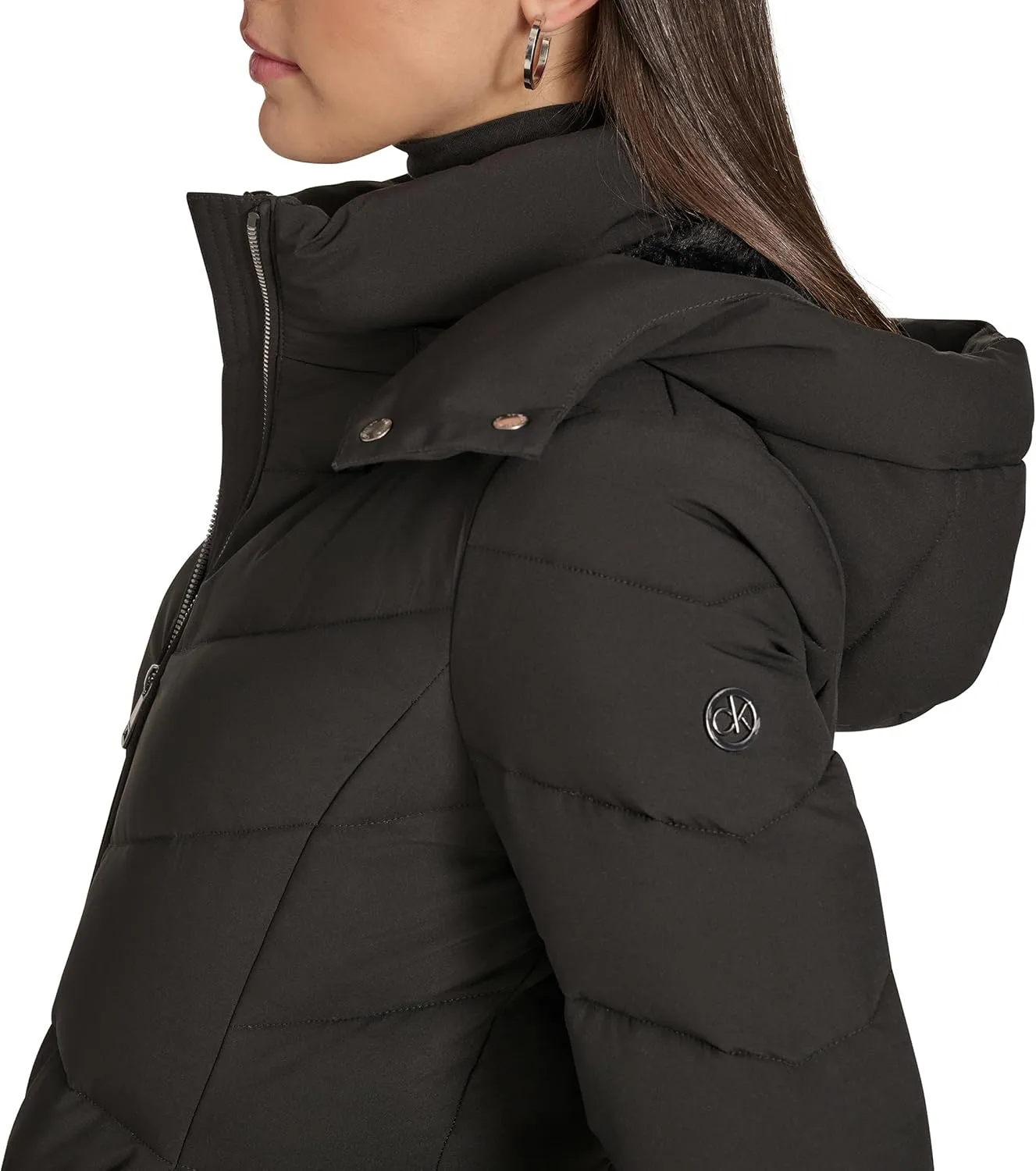 Calvin Klein Women's Hooded Zip Front Puffer Long Sleeve Coat