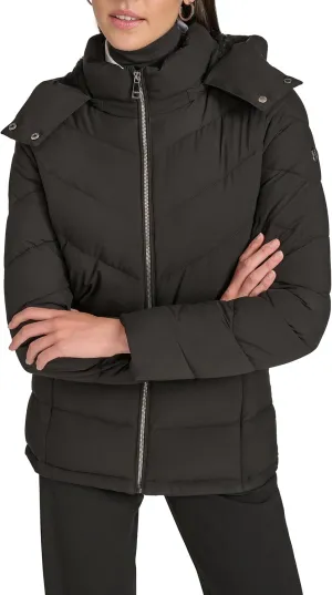 Calvin Klein Women's Hooded Zip Front Puffer Long Sleeve Coat