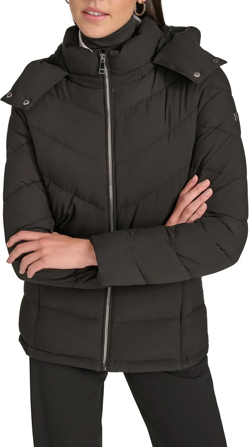 Calvin Klein Women's Hooded Zip Front Puffer Long Sleeve Coat