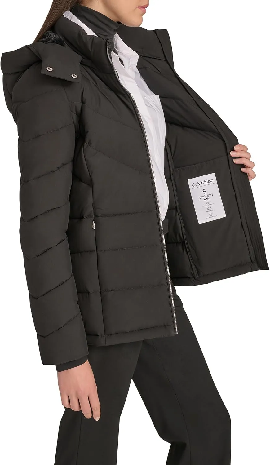 Calvin Klein Women's Hooded Zip Front Puffer Long Sleeve Coat