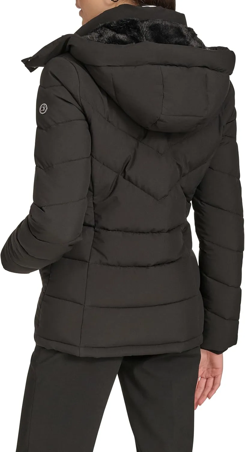 Calvin Klein Women's Hooded Zip Front Puffer Long Sleeve Coat