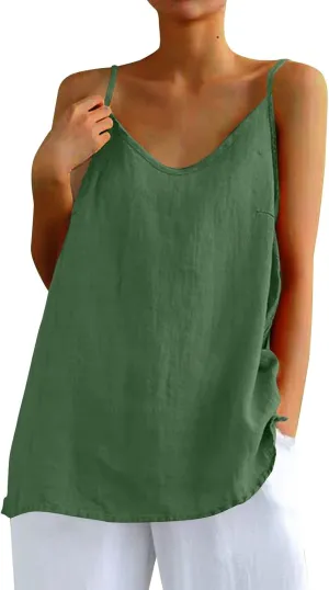 Camisole Tops for Women Summer V Neck Sleeveless Tops Loose Fit Swing Spaghetti Strap Cotton Linen Cami Tank Top