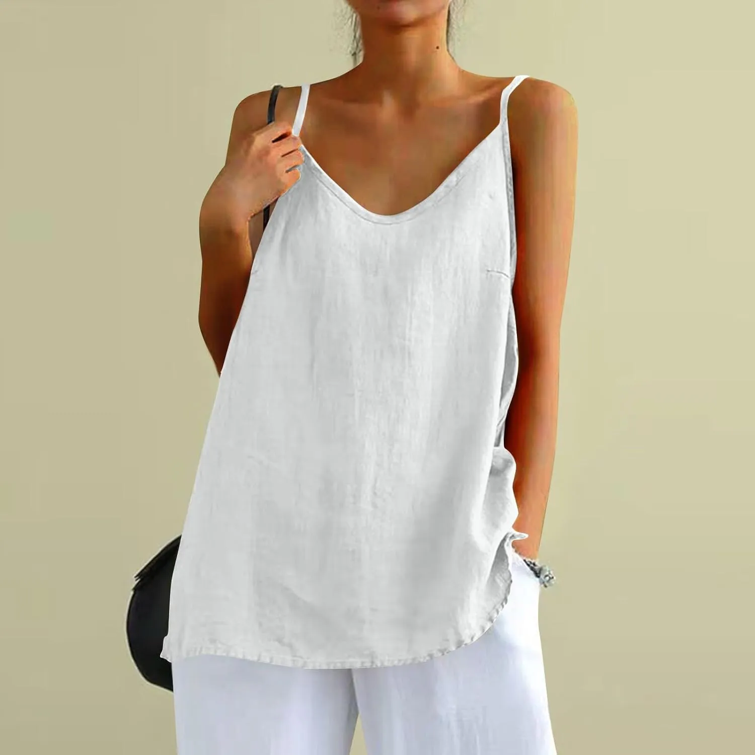 Camisole Tops for Women Summer V Neck Sleeveless Tops Loose Fit Swing Spaghetti Strap Cotton Linen Cami Tank Top
